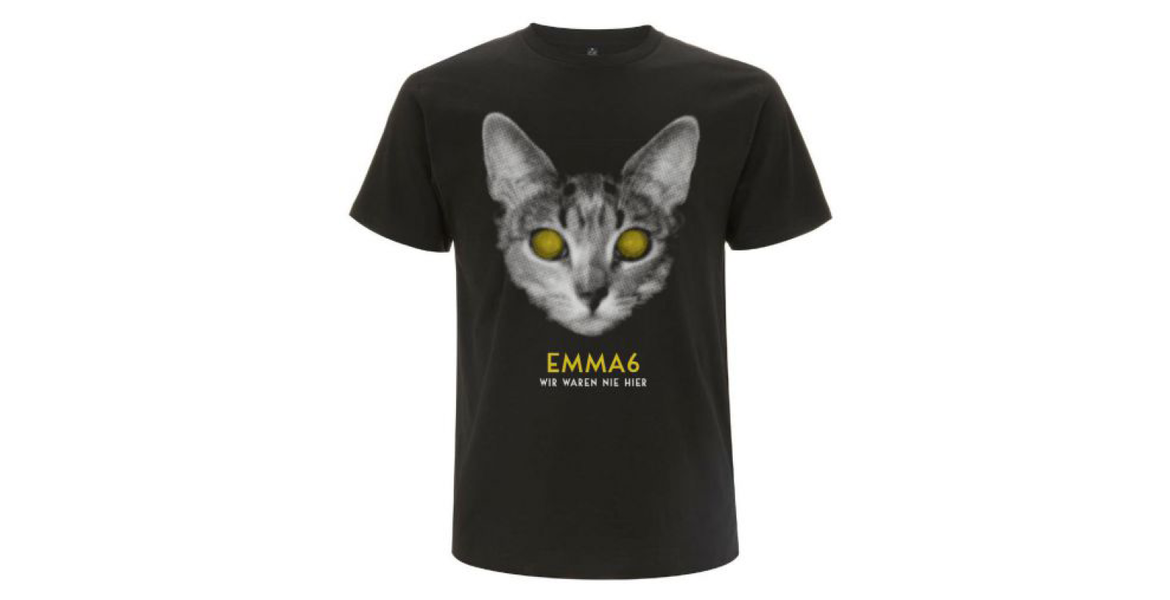  Damenshirt „Katze“, Hochwertiges schwarzes Shirt mit einseitigem Siebdruck. Bio-Baumwolle und fair gehandelt. 